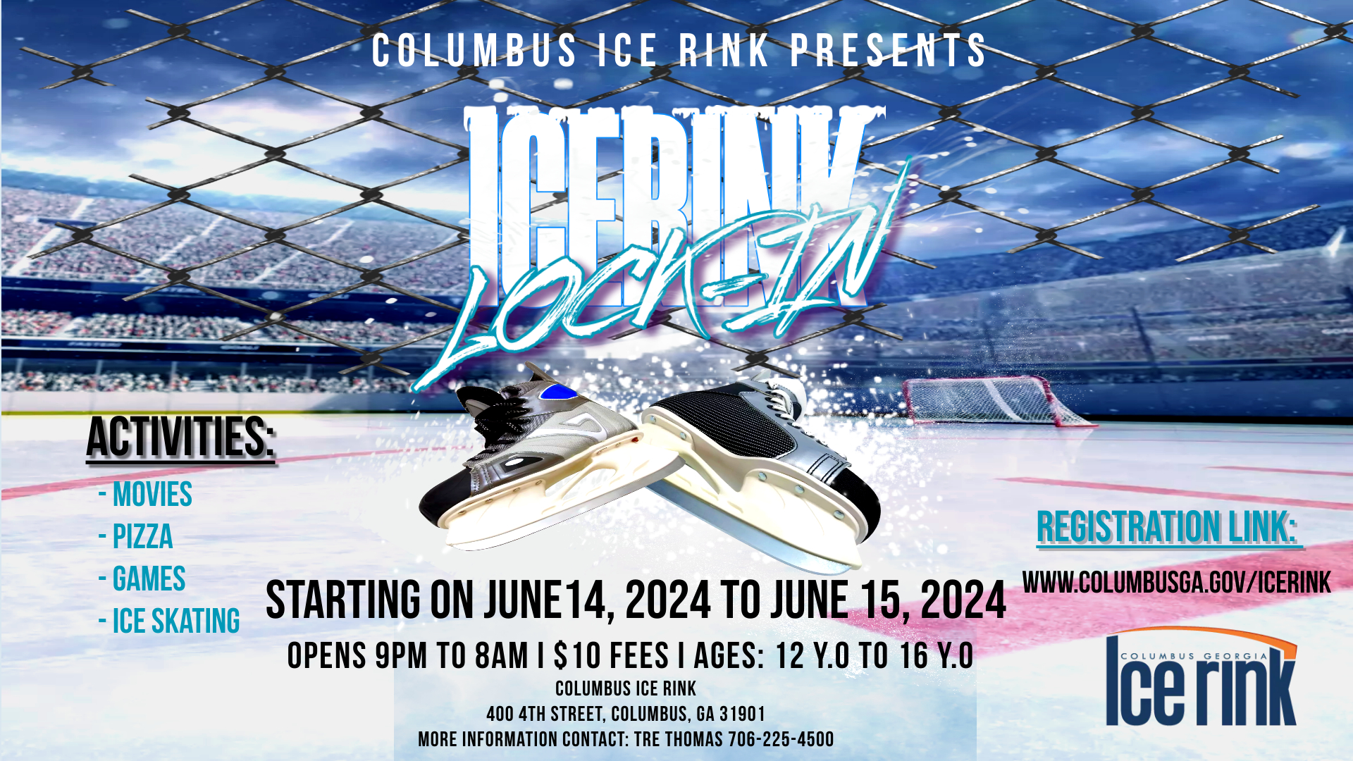 Ice rink lock in featuring movies, games, pizza, and ice skating. From 9PM on June 14th to 8AM on June 15th